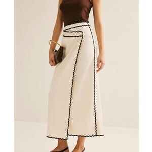 NWT Commense Cotton & Linen Wave Trim  Midi Skirt Size XL Off White